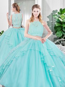Custom Made Scoop Sleeveless Zipper Sweet 16 Quinceanera Dress Aqua Blue Tulle