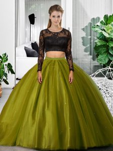 Fantastic Olive Green Quinceanera Gown Military Ball and Sweet 16 and Quinceanera with Lace and Ruching Scoop Long Sleeves Backless