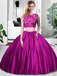 Beauteous Fuchsia Two Pieces Scoop Sleeveless Taffeta Floor Length Zipper Lace and Ruching 15 Quinceanera Dress