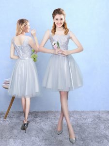 Square Sleeveless Damas Dress Knee Length Lace Silver Tulle