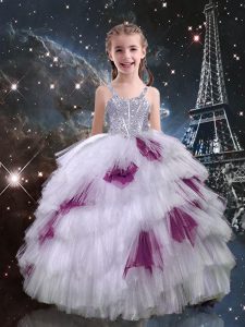 New Style Ball Gowns Girls Pageant Dresses White Straps Tulle Sleeveless Floor Length Lace Up