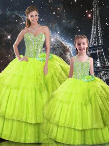 Yellow Green Ball Gowns Organza Sweetheart Sleeveless Ruffled Layers Floor Length Lace Up Quinceanera Dress
