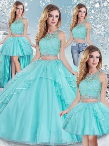 Aqua Blue Clasp Handle Scoop Lace and Sequins Quince Ball Gowns Tulle Sleeveless