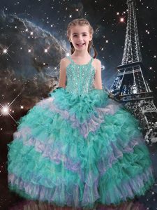 Stylish Straps Sleeveless Girls Pageant Dresses Floor Length Beading and Ruffled Layers Turquoise Organza