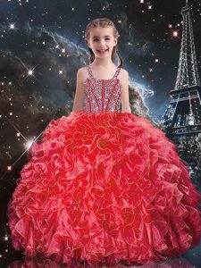 Customized Coral Red Organza Lace Up Straps Sleeveless Floor Length Kids Pageant Dress Beading and Ruffles