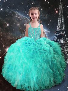High End Floor Length Lace Up Kids Pageant Dress Turquoise for Quinceanera and Wedding Party with Beading and Ruffles