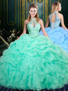 Decent Halter Top Sleeveless Lace Up Quinceanera Dresses Apple Green Organza