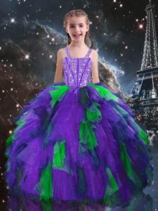 Beauteous Sleeveless Tulle Floor Length Lace Up Little Girls Pageant Dress Wholesale in Eggplant Purple with Beading and Ruffles