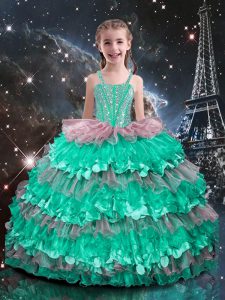 Fantastic Floor Length Turquoise Pageant Dress for Girls Straps Sleeveless Lace Up