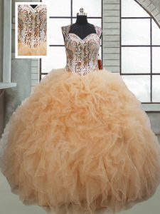 Super Floor Length Champagne Ball Gown Prom Dress Sweetheart Sleeveless Lace Up