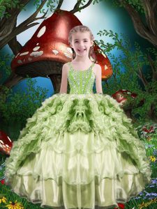 Yellow Green Lace Up Straps Beading and Ruffles and Ruffled Layers Girls Pageant Dresses Organza Short Sleeves