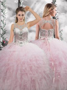 Baby Pink Sleeveless Beading and Ruffles Floor Length Quinceanera Gowns