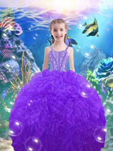 Sleeveless Floor Length Beading and Ruffles Lace Up Pageant Dresses with Eggplant Purple