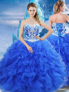 Blue Sweetheart Lace Up Beading and Ruffles Vestidos de Quinceanera Sleeveless