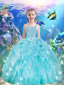 Aqua Blue Ball Gowns Organza Straps Sleeveless Beading and Ruffles Floor Length Lace Up Girls Pageant Dresses