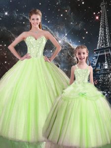 Yellow Green Ball Gowns Beading Quince Ball Gowns Lace Up Tulle Sleeveless Floor Length