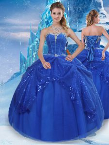 Royal Blue Sleeveless Floor Length Beading and Pick Ups Lace Up Ball Gown Prom Dress