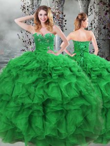 Sweetheart Sleeveless 15 Quinceanera Dress Floor Length Beading and Ruffles Green Organza
