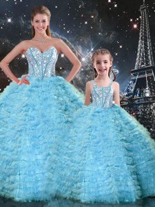 Dazzling Light Blue Lace Up Sweetheart Beading and Ruffles Sweet 16 Dresses Tulle Sleeveless