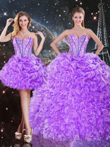 Floor Length Lace Up 15th Birthday Dress Lavender for Military Ball and Sweet 16 and Quinceanera with Beading and Ruffles