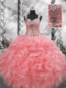 Clearance Straps Sleeveless Zipper Sweet 16 Dress Watermelon Red Organza