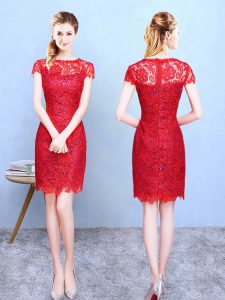 Lace Quinceanera Court of Honor Dress Red Zipper Short Sleeves Knee Length