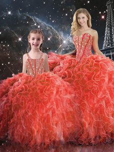 Graceful Sleeveless Floor Length Beading and Ruffles Lace Up Quinceanera Dresses with Coral Red