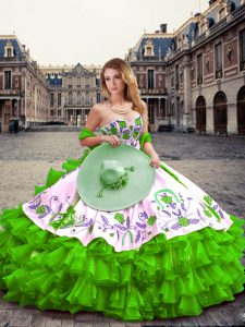 Floor Length Lace Up Ball Gown Prom Dress Green for Military Ball and Sweet 16 and Quinceanera with Embroidery and Ruffled Layers