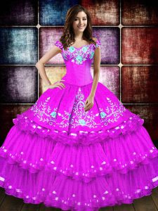 High End Fuchsia Off The Shoulder Lace Up Embroidery and Ruffled Layers Sweet 16 Dresses Sleeveless