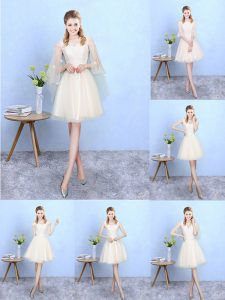 Latest Knee Length Empire Cap Sleeves Champagne Dama Dress for Quinceanera Lace Up