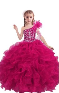 Fashionable Fuchsia Organza Lace Up One Shoulder Sleeveless Floor Length Pageant Dress for Girls Beading and Ruffles
