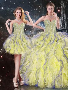 High End Yellow Sleeveless Beading and Ruffles Floor Length 15 Quinceanera Dress