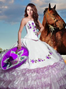 High End White Strapless Neckline Embroidery and Ruffled Layers Sweet 16 Quinceanera Dress Sleeveless Lace Up