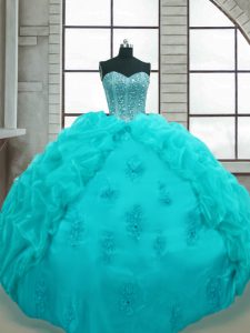 Floor Length Aqua Blue Sweet 16 Dresses Organza Sleeveless Beading and Appliques and Pick Ups
