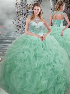 Apple Green Ball Gowns Organza Scoop Sleeveless Beading and Ruffles Floor Length Lace Up Quinceanera Gown