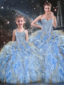 Light Blue Lace Up Sweetheart Beading and Ruffles Sweet 16 Quinceanera Dress Organza Sleeveless