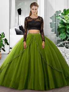 On Sale Scoop Long Sleeves Sweet 16 Dresses Floor Length Lace and Ruching Olive Green Tulle