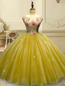 Glittering Gold Lace Up Quinceanera Gown Appliques and Sequins Sleeveless Floor Length