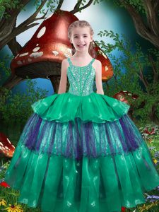 Sleeveless Organza Floor Length Lace Up High School Pageant Dress in Green with Beading and Ruffled Layers