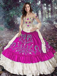 Fitting Off The Shoulder Sleeveless Quinceanera Dress Floor Length Embroidery and Ruffled Layers Fuchsia Taffeta