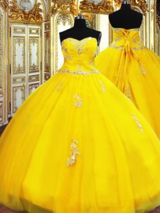 Customized Gold Lace Up Sweetheart Beading and Appliques Ball Gown Prom Dress Organza Sleeveless