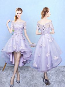 Noble Short Sleeves High Low Lace Lace Up Court Dresses for Sweet 16 with Lavender