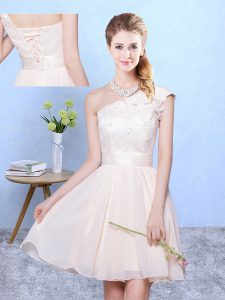 Champagne Chiffon Lace Up Quinceanera Court of Honor Dress Cap Sleeves Knee Length Appliques