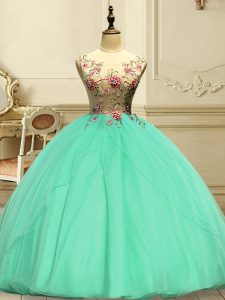 Dazzling Apple Green Ball Gowns Scoop Sleeveless Organza Floor Length Lace Up Appliques Quinceanera Gown