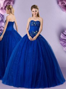 Edgy Royal Blue Lace Up Sweetheart Beading and Appliques Quince Ball Gowns Tulle Sleeveless