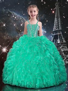 Beauteous Turquoise Organza Lace Up Straps Sleeveless Floor Length Pageant Gowns For Girls Beading and Ruffles