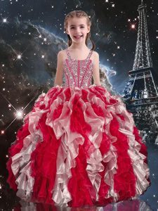 Fantastic Ball Gowns Little Girls Pageant Dress Wine Red Straps Organza Sleeveless Floor Length Lace Up