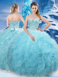Artistic Sweetheart Sleeveless Sweet 16 Dresses Floor Length Beading and Pick Ups Aqua Blue Tulle