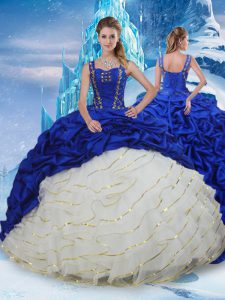 Affordable Blue And White Ball Gowns Taffeta Straps Sleeveless Ruffled Layers and Pick Ups Lace Up Sweet 16 Dresses Brush Train