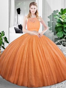 Lovely Orange Organza Zipper Scoop Sleeveless Floor Length Sweet 16 Quinceanera Dress Lace and Ruching